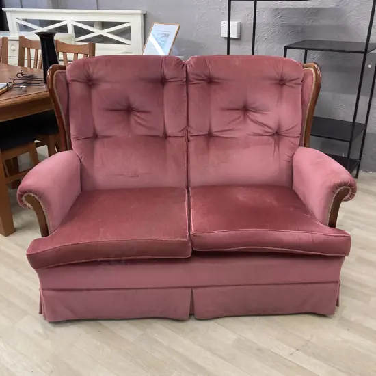 Wingback Mahogany Framed Couch, Rose Colour Draylon Button Backed & Braiding On Arms